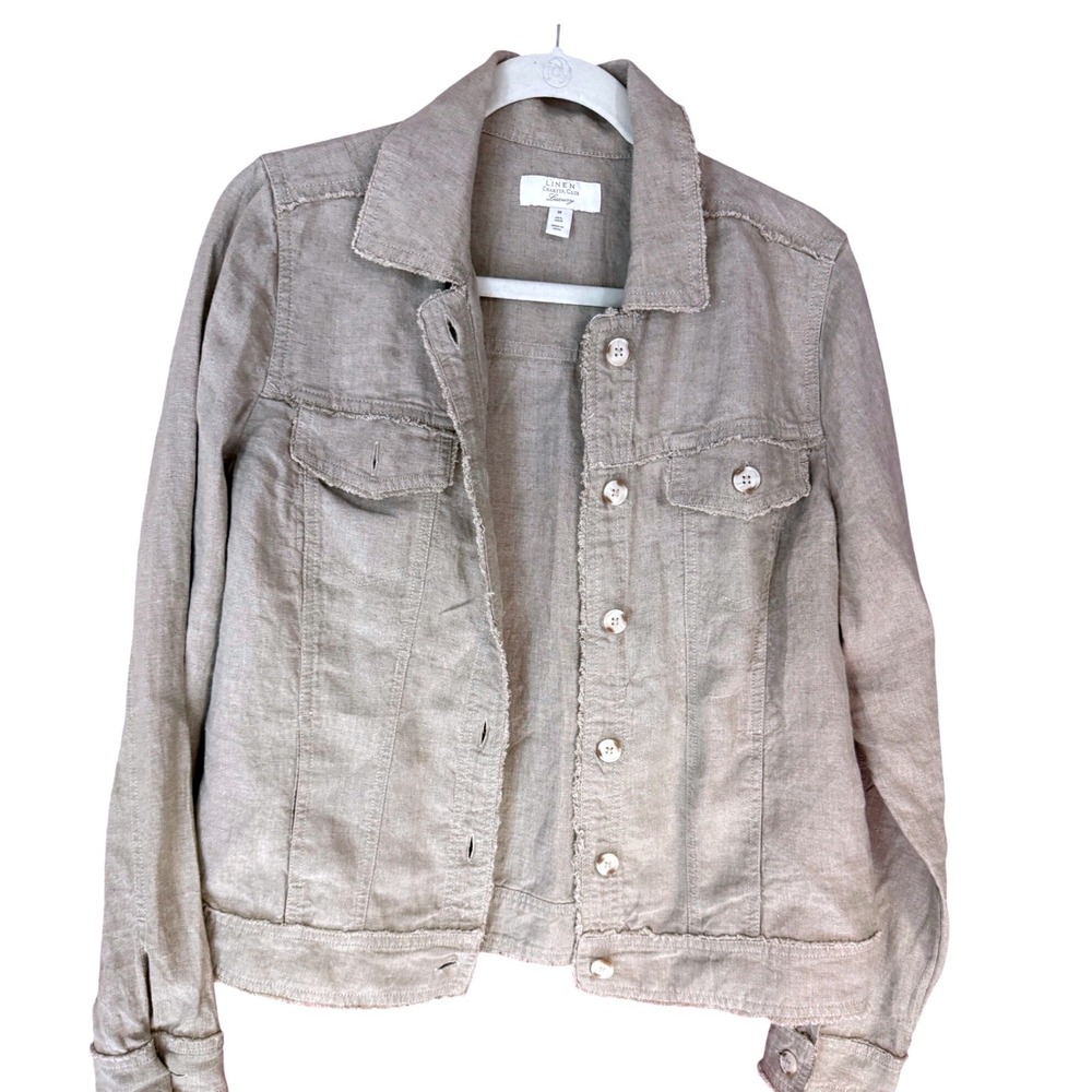 Charter Club Luxury Womens 100% Linen Frayed Trim Button Front Jacket Taupe M